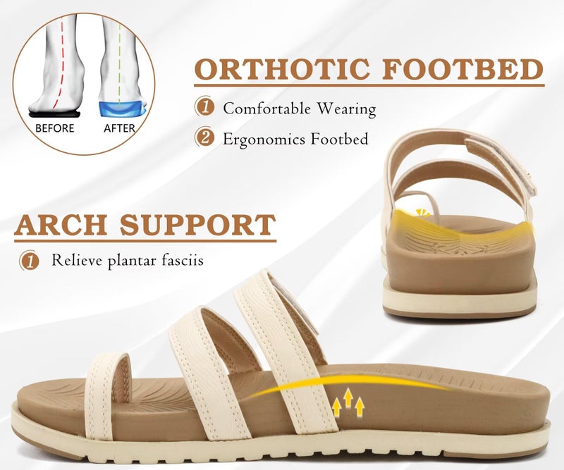 KuaiLu Womens Slides Sandals With Arch Support Comfort Plantar Fasciitis Yoga Mat Cushion Sandals Fashion Summer Beach Walking Adjustable Ladies Flat Orthopedic Slip On Sandles Beige Size 9 - Image 4
