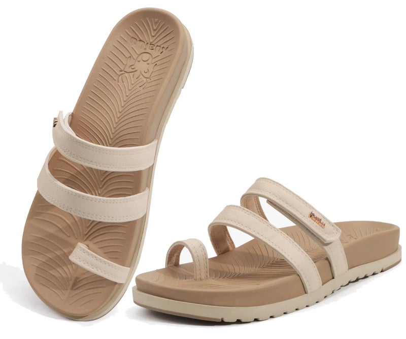 KuaiLu Womens Slides Sandals With Arch Support Comfort Plantar Fasciitis Yoga Mat Cushion Sandals Fashion Summer Beach Walking Adjustable Ladies Flat Orthopedic Slip On Sandles Beige Size 9 - Image 1
