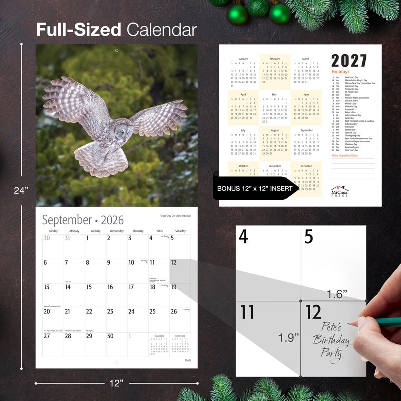 MICASA PRESS Owls 2026 Wall Calendar 12 Month | 12" x 24" Open | Thick & Sturdy Paper | Holiday Gift | Birds of Prey Animal Calendar 2026 - Image 5