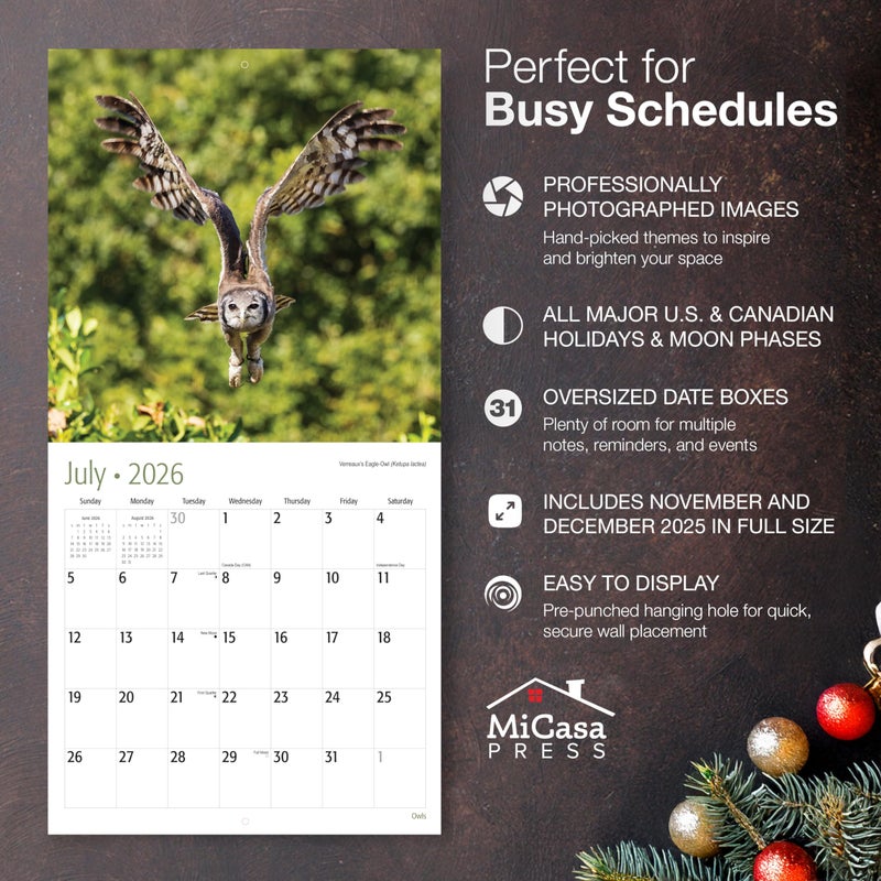 MICASA PRESS Owls 2026 Wall Calendar 12 Month | 12" x 24" Open | Thick & Sturdy Paper | Holiday Gift | Birds of Prey Animal Calendar 2026 - Image 2