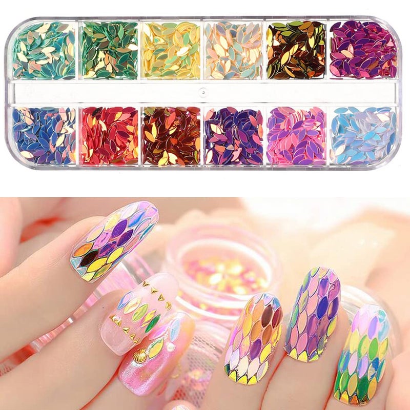 12 Colors Nail Art Glitter Sequins 3D Sparkly Leaf Shape Nail Flakes Designs Holographic UltraThin Laser Leaf Glitter Acrylic Nails Supplies for Women Girls Manicure Decorations DIY Shiny Crafts