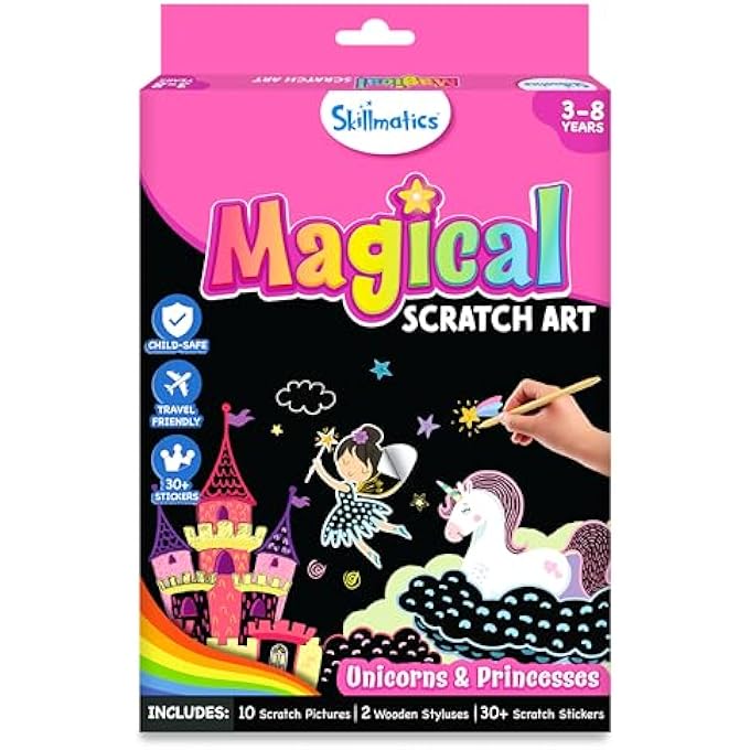SKILLMATICS SCRATCH ART BOOK FOR KIDS - UNICORNS & PRINCESSES, CRAFT KITS & SUPPLIES, 30+ SCRATCH STICKERS, TRAVEL TOYS, DIY KIT, GIFTS FOR GIRLS & BOYS AGES 3, 4, 5, 6, 7, 8 - Image 1
