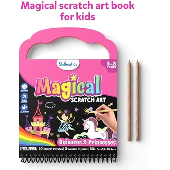 SKILLMATICS SCRATCH ART BOOK FOR KIDS - UNICORNS & PRINCESSES, CRAFT KITS & SUPPLIES, 30+ SCRATCH STICKERS, TRAVEL TOYS, DIY KIT, GIFTS FOR GIRLS & BOYS AGES 3, 4, 5, 6, 7, 8 - Image 3