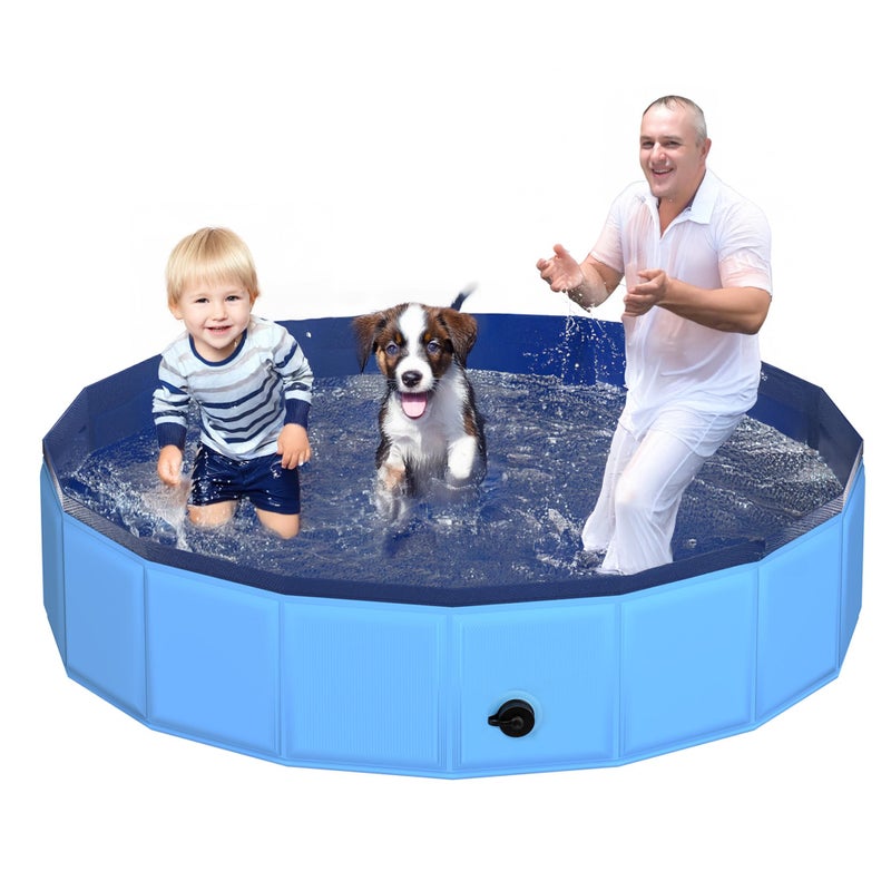 CACSPS 71" x 12" Foldable Dog Pool - Collapsible Hard Plastic Kiddie Pool for Dogs & Kids, Non-Slip Pet Bath Tub for Outdoor Backyard Use, Lightweight & Portable (Blue) - Image 1
