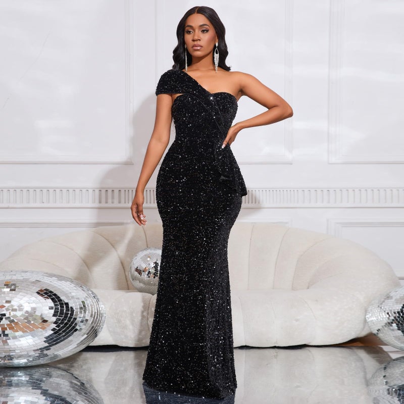 Cololura Women Sexy Sequin One Shoulder Mermaid Formal Party Cocktail Gowns Bodycon Evening Maxi Dress Black - Image 2