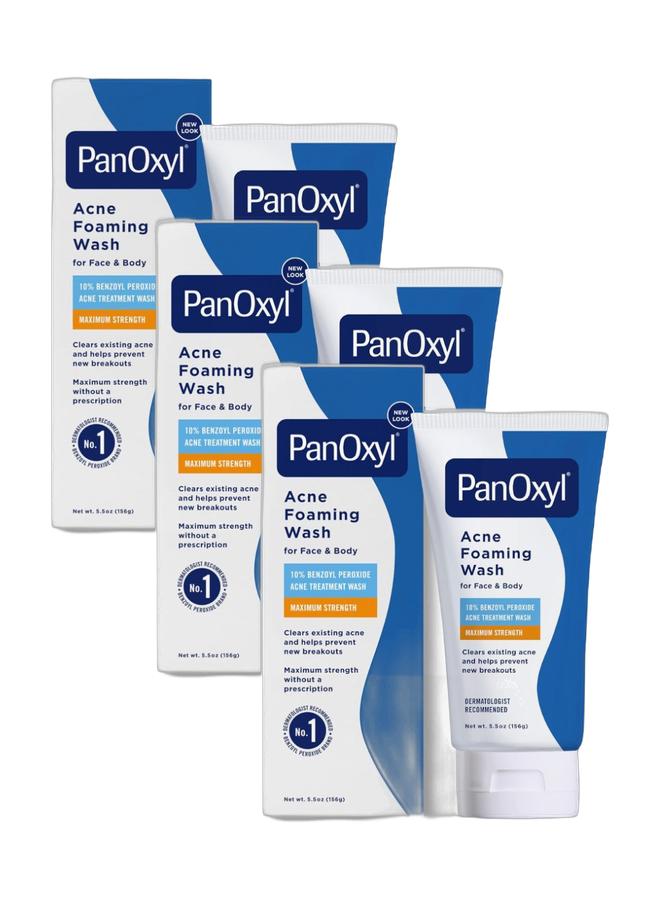 PanOxyl غسول رغوي لحب الشباب، بيروكسيد 10% قوة قصوى 156 جرام حزمة 3 قطع - Image 1