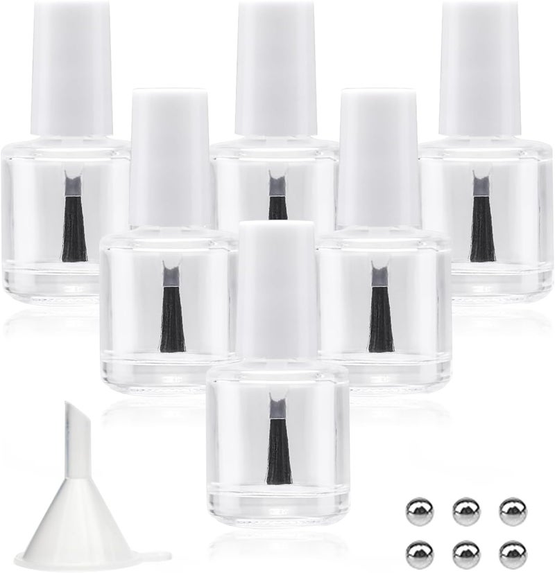 Agidea 6PCS Empty Nail Polish Bottles with Brush White Cap, 10ML Empty Clear Glass Refillable Nail Fingernail Polish Bottles Circle with mixing beads & Funnels, 0.35 OZ Multi-budget available picks - Image 1
