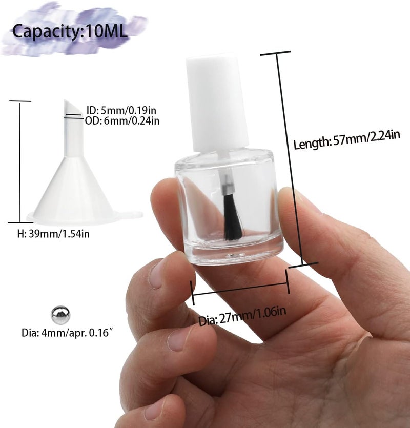 Agidea 6PCS Empty Nail Polish Bottles with Brush White Cap, 10ML Empty Clear Glass Refillable Nail Fingernail Polish Bottles Circle with mixing beads & Funnels, 0.35 OZ Multi-budget available picks - Image 2