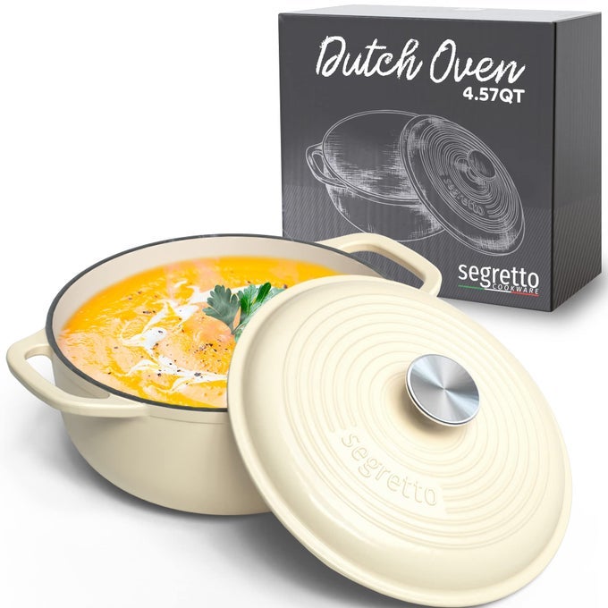 ENAMELED CAST IRON DUTCH OVEN POT WITH LID 457 QUARTS BIANCO PERLA OFFWHITE WHITE ENAMEL DUTCH OVEN CAST IRON WITH HANDLE CERAMIC COOKING POT FOR BREAD BAKING BASTING COOKING