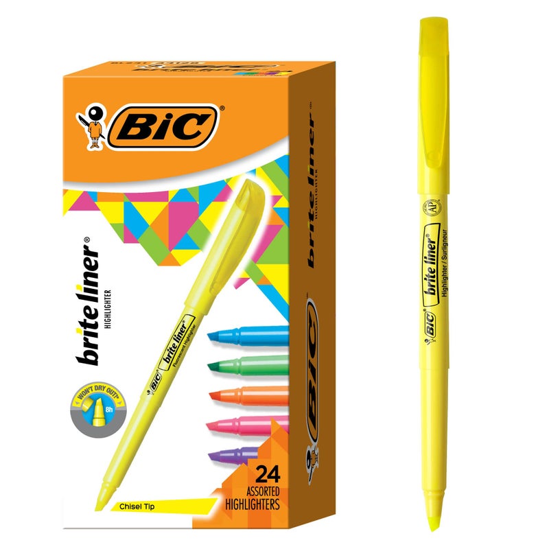 BIC Brite Liner Highlighters with Chisel Tip for Broad and Fine Lines, 24-Count Pack in Assorted Colors - Image 1