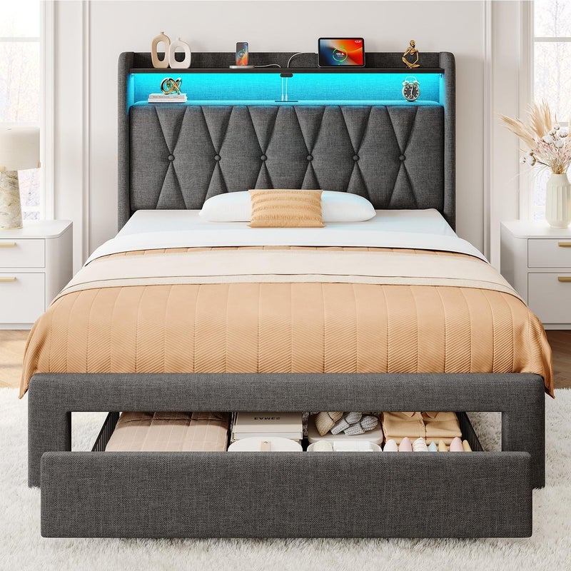 Rolanstar Twin Bed Frame with Drawer Storage Headboard with Charging Station and LED Lights Upholstered Bed with Heavy Duty Wood Slats No Box Spring Needed Noise Free Easy Assembly Dark Grey