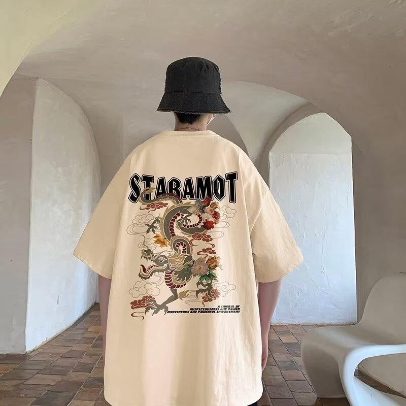 American Style Street Dragon Printed Pure Cotton Short-Sleeved T-Shirt Men'S Summer Instagram Popular Brand Loose Breathable Thin Casual Top Clothes - Image 5