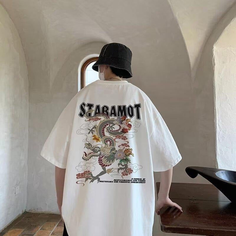 American Style Street Dragon Printed Pure Cotton Short-Sleeved T-Shirt Men'S Summer Instagram Popular Brand Loose Breathable Thin Casual Top Clothes - Image 2