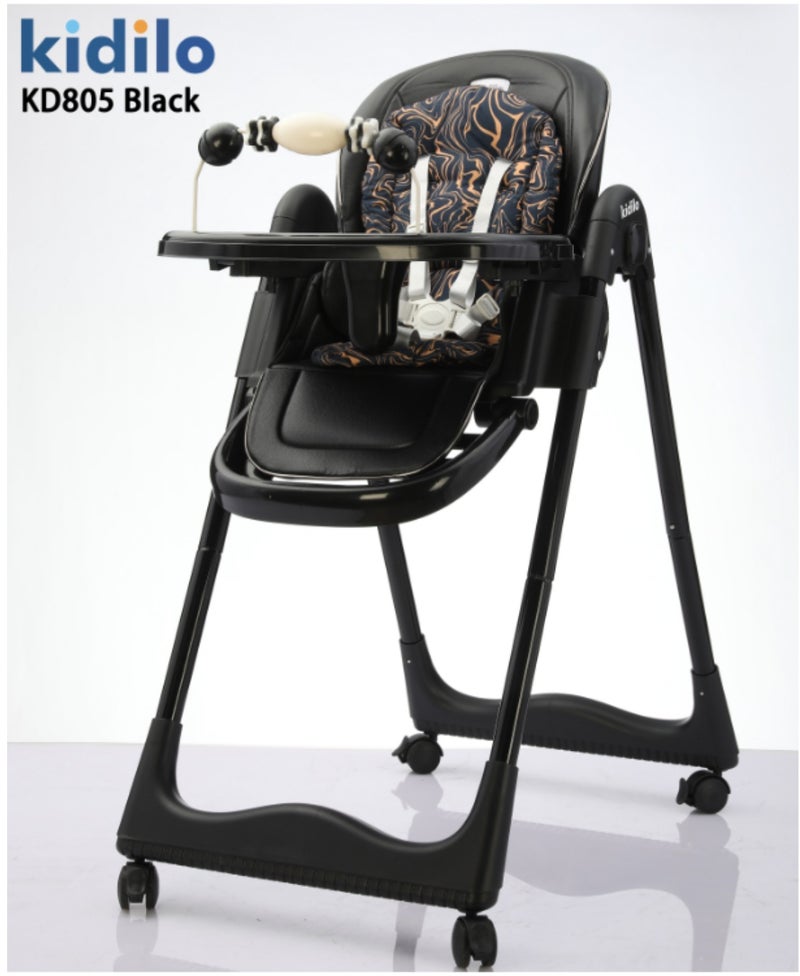 Kidilo KD805 Baby High Chair | Reclining Seat with Padded Insert | Detachable Double Feeding Tray & Toy Bar | 5-Point Safety Harness | Lockable Rolling Wheels | Easy-Clean Design | Wide Stable Base