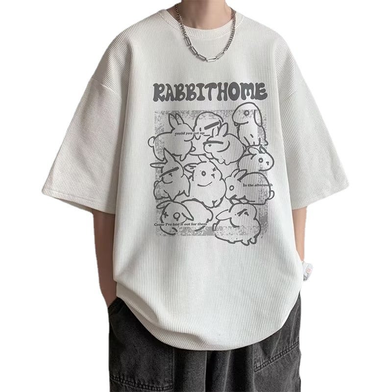 Summer Cartoon Cartoon Loose Boys Round Neck Printed Fashion Brand Waffle Half Sleeve Youth Popular T-Shirt - Image 4