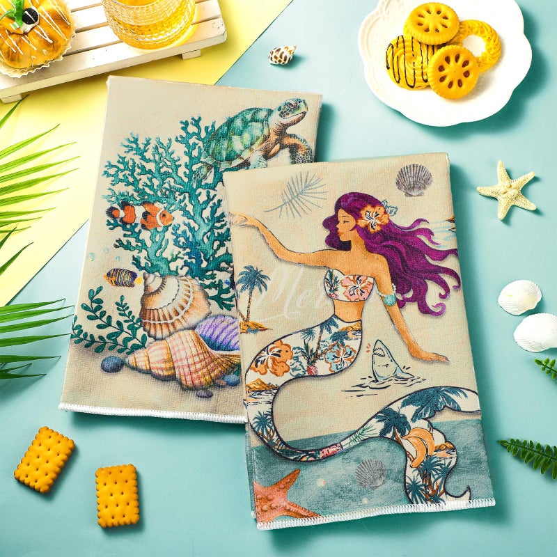 TecUnite 6 Pcs Mermaid Kitchen Towels Retro Sea Ocean Hand Dish Towels Beach Soft Absorbent 24 x 16 Inches Mermaid Themed Summer Kitchen Accessories Cute Tea Towel for Bathroom Gifts Decoration - Image 2