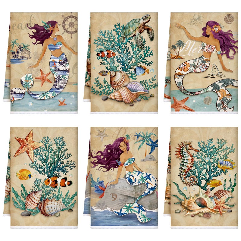 TecUnite 6 Pcs Mermaid Kitchen Towels Retro Sea Ocean Hand Dish Towels Beach Soft Absorbent 24 x 16 Inches Mermaid Themed Summer Kitchen Accessories Cute Tea Towel for Bathroom Gifts Decoration - Image 1