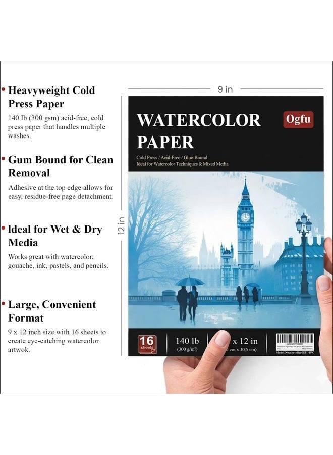 Ogfu Watercolor Paper Pad, Watercolor Pad 9x12”, 300 GSM/ 140 lb Watercolor Paper, 16 Sheets Cold Press, Perfect for Most Wet & Dry Media, Water Color Paper for Artists & Professionals. - Image 4