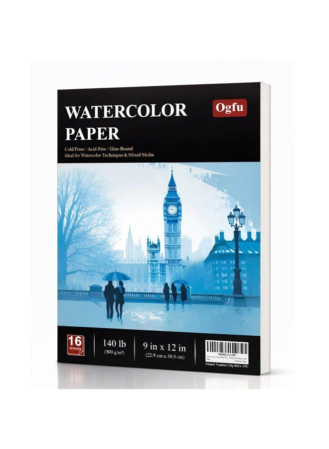 Ogfu Watercolor Paper Pad, Watercolor Pad 9x12”, 300 GSM/ 140 lb Watercolor Paper, 16 Sheets Cold Press, Perfect for Most Wet & Dry Media, Water Color Paper for Artists & Professionals. - Image 1