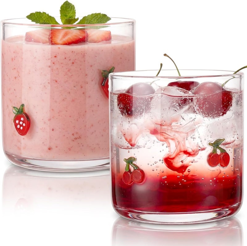 Skylety Set of 2 Cherry Icon Juice Glass 14oz Coquette Strawberry Glass Cup Coquette Coffee Mug Gifts for Women Girls Mother's Day Birthday Bridal Shower Gifts - Image 1