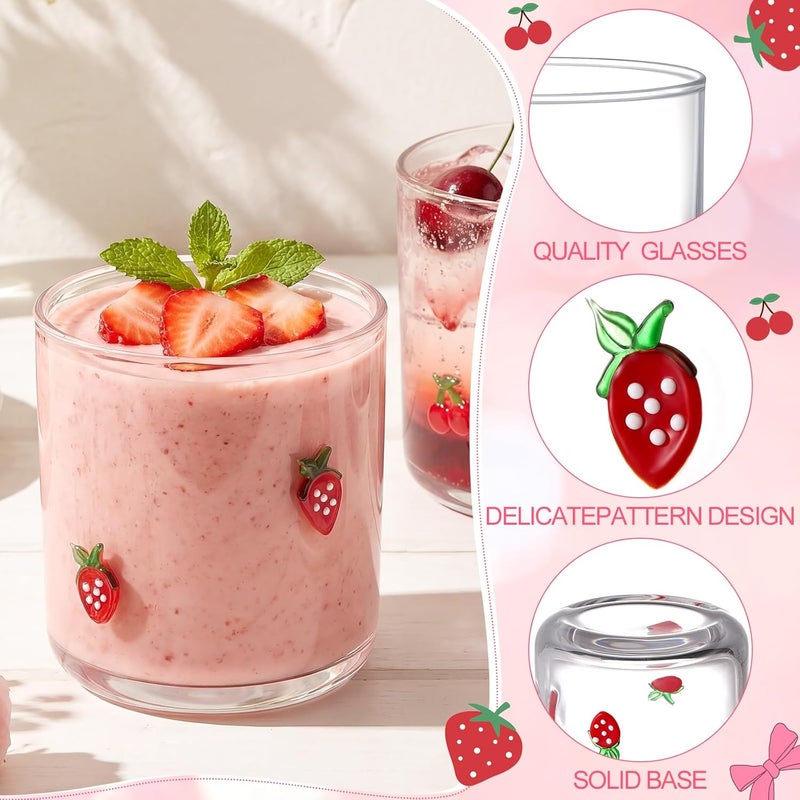 Skylety Set of 2 Cherry Icon Juice Glass 14oz Coquette Strawberry Glass Cup Coquette Coffee Mug Gifts for Women Girls Mother's Day Birthday Bridal Shower Gifts - Image 3