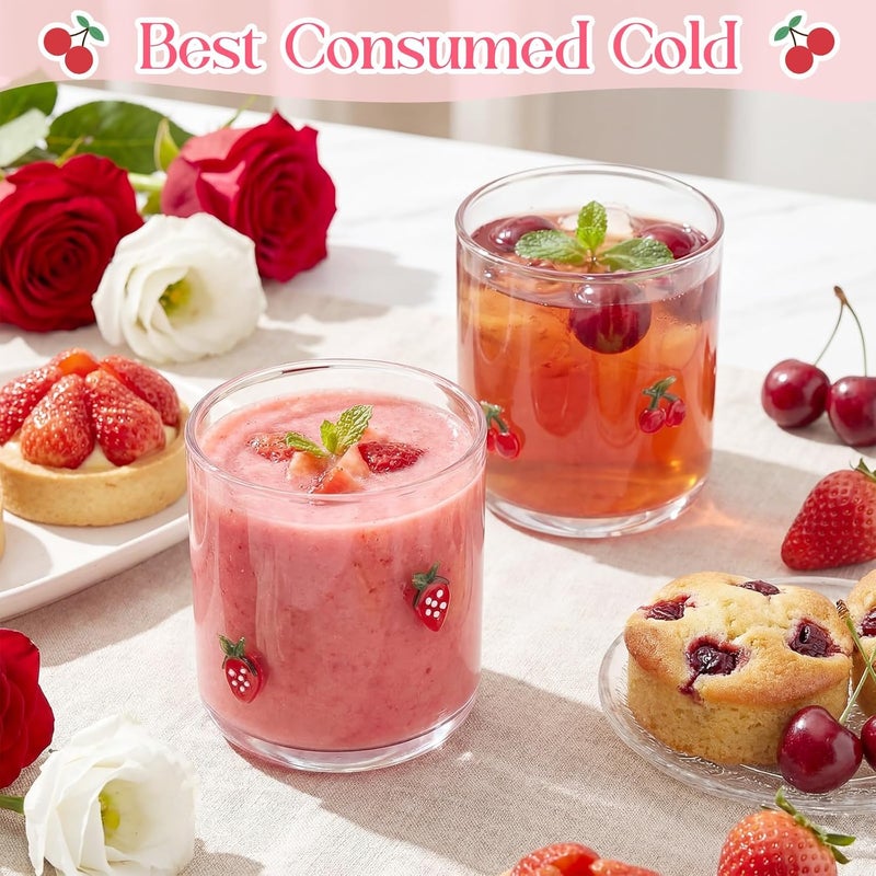 Skylety Set of 2 Cherry Icon Juice Glass 14oz Coquette Strawberry Glass Cup Coquette Coffee Mug Gifts for Women Girls Mother's Day Birthday Bridal Shower Gifts - Image 5