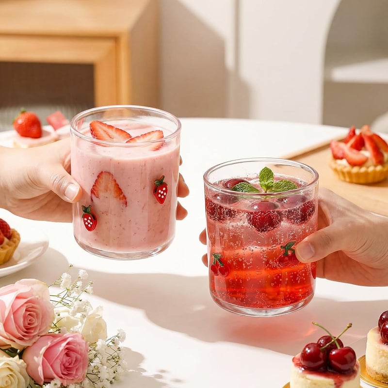 Skylety Set of 2 Cherry Icon Juice Glass 14oz Coquette Strawberry Glass Cup Coquette Coffee Mug Gifts for Women Girls Mother's Day Birthday Bridal Shower Gifts - Image 4