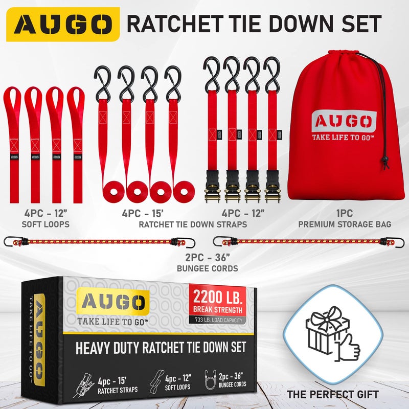 AUGO Ratchet Straps Heavy Duty 4 Pack -15 FT - 2200 LB Break Strength â€“ with Safety Lock S Hooks - Cargo Straps for Moving, Appliances, Motorcycle â€“ Soft Loop Tie Downs - Image 5