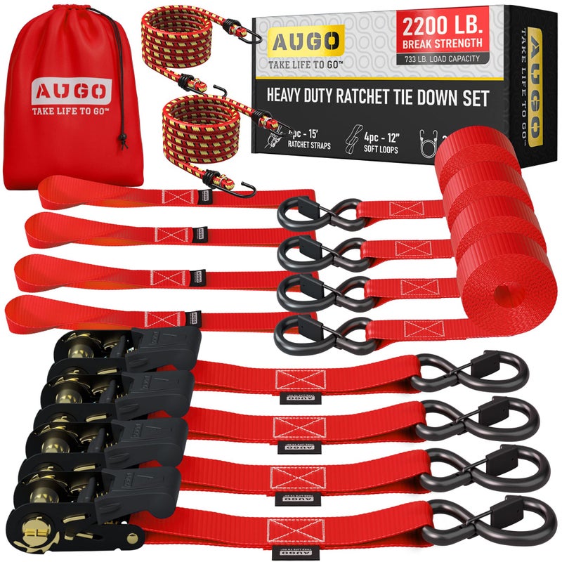 AUGO Ratchet Straps Heavy Duty 4 Pack -15 FT - 2200 LB Break Strength â€“ with Safety Lock S Hooks - Cargo Straps for Moving, Appliances, Motorcycle â€“ Soft Loop Tie Downs - Image 1