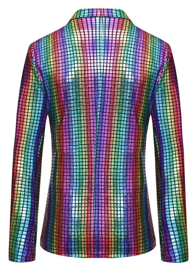 ZEROYAA Men's 70s Disco Suits Metallic Shiny Sequin Outfits Blazer and Pants Set Dance Party Costume Multicolor Small - Image 3