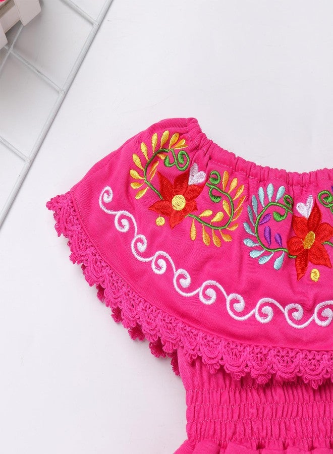 IKADEX Kids Baby Girls Mexican Dress Off Shoulder Floral Embroidered Party Cinco de Mayo Dresses Hot Pink 2-3 Years - Image 2