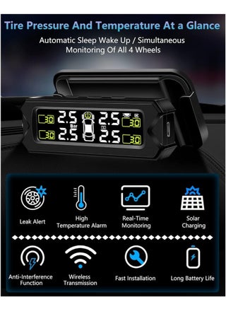 TPMS Tire Pressure Monitoring System Adjustable And Removable Solar Tire Pressure Monitor With 6 Alarm Modes And Real-Time Auto Detection For Car 22-87 Psi - view 3