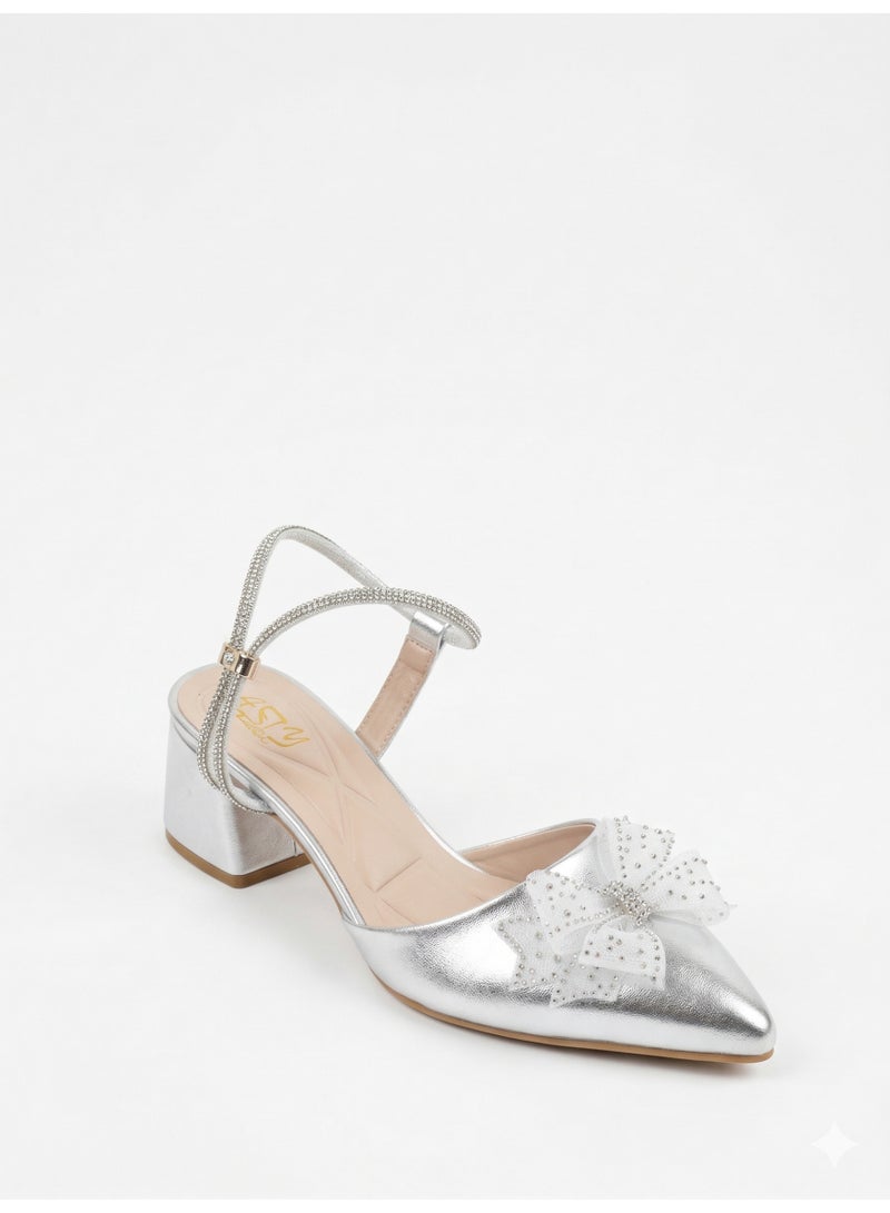 لايف ستيلاش  أحذية كعب متوسط جلد لامع مع فيونكه F-618 - فضي - Image 1