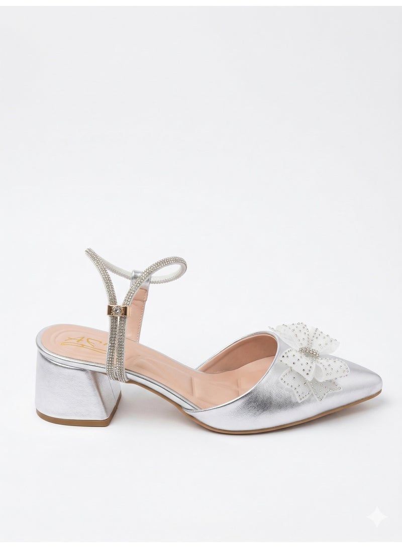 لايف ستيلاش  أحذية كعب متوسط جلد لامع مع فيونكه F-618 - فضي - Image 2