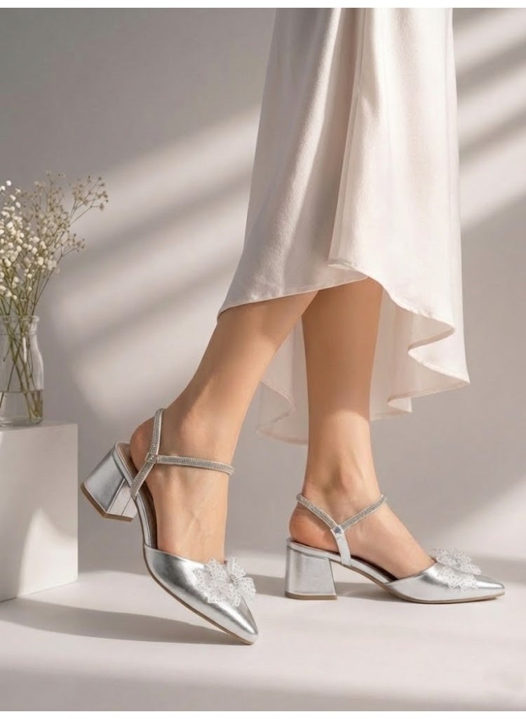 Shoes Mid Heels Leather Glossy With Bow F-618 - Silver