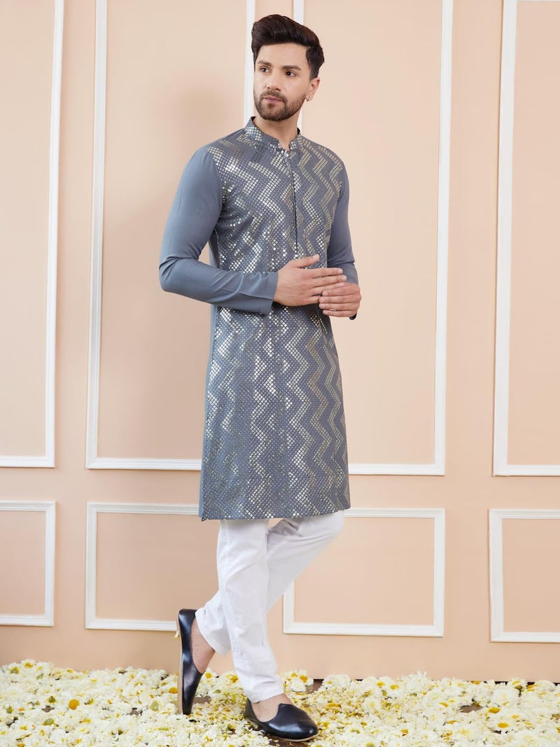 See Designs Men Full Sleeve Side Slit Grey and Gold Rayon Embroidery Sequins Mandarin Collar Kurta - SDKT2438XL - Image 3