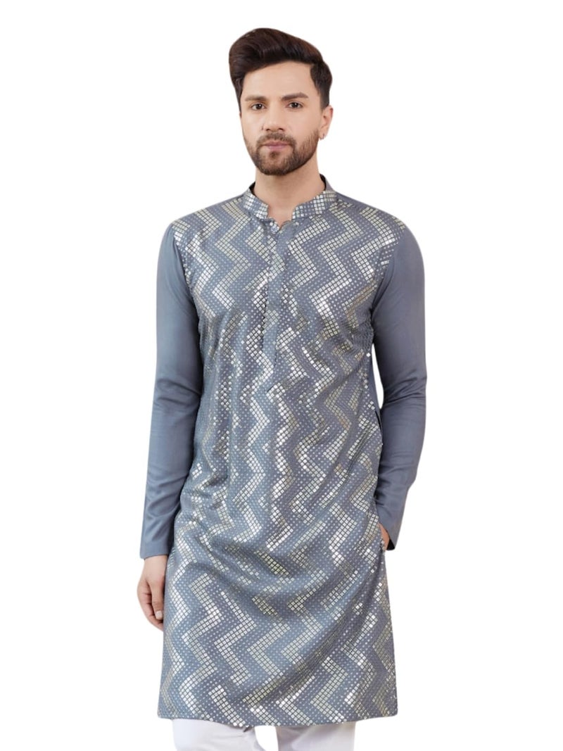 See Designs Men Full Sleeve Side Slit Grey and Gold Rayon Embroidery Sequins Mandarin Collar Kurta - SDKT2438XL - Image 1