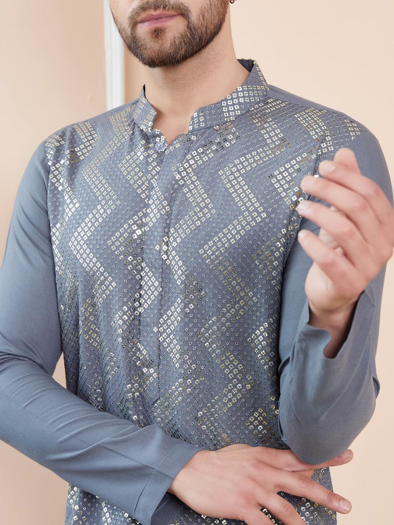 See Designs Men Full Sleeve Side Slit Grey and Gold Rayon Embroidery Sequins Mandarin Collar Kurta - SDKT2438XL - Image 2
