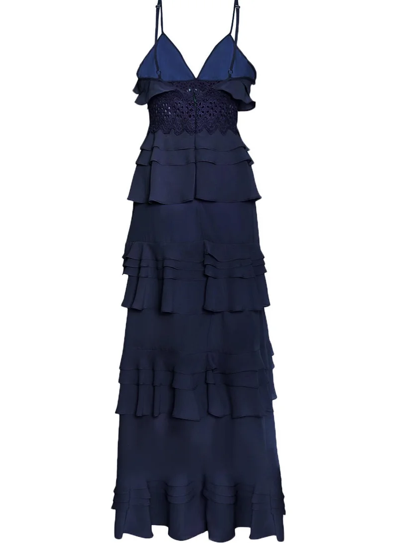 ترو ديكادينس Sophia Navy Deep Plunge Layered Ruffle Maxi Dress