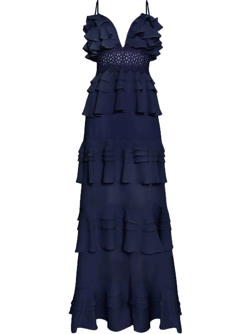 ترو ديكادينس Sophia Navy Deep Plunge Layered Ruffle Maxi Dress