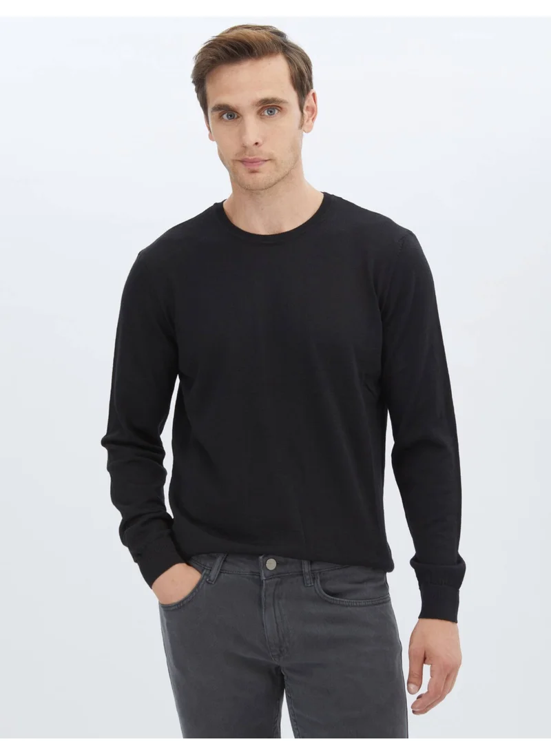 Kip Black Crew Neck Plain Knit Wool Blend Sweater