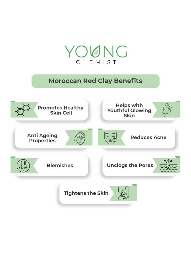 Young Chemist Moroccan Red Clay/Reduces blackheads, Improve Skin Tone and Texture/Paraben free/Good for Body, Face and Hair (all Skin Type, Powder Form, Red, 500 grams) - Image 2