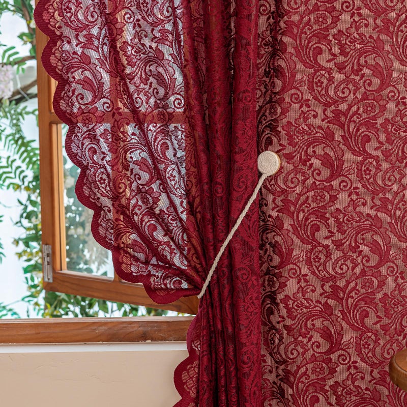 ALIGOGO Burgundy Curtains 84 Inches Long 2 Panels, Cottage Lace Sheer Maroon Curtains for Living Room, Farmhouse Rod Pocket Privacy Floral Scalloped Edges Burgundy Drapes, 52W x 84L Inch - Image 3