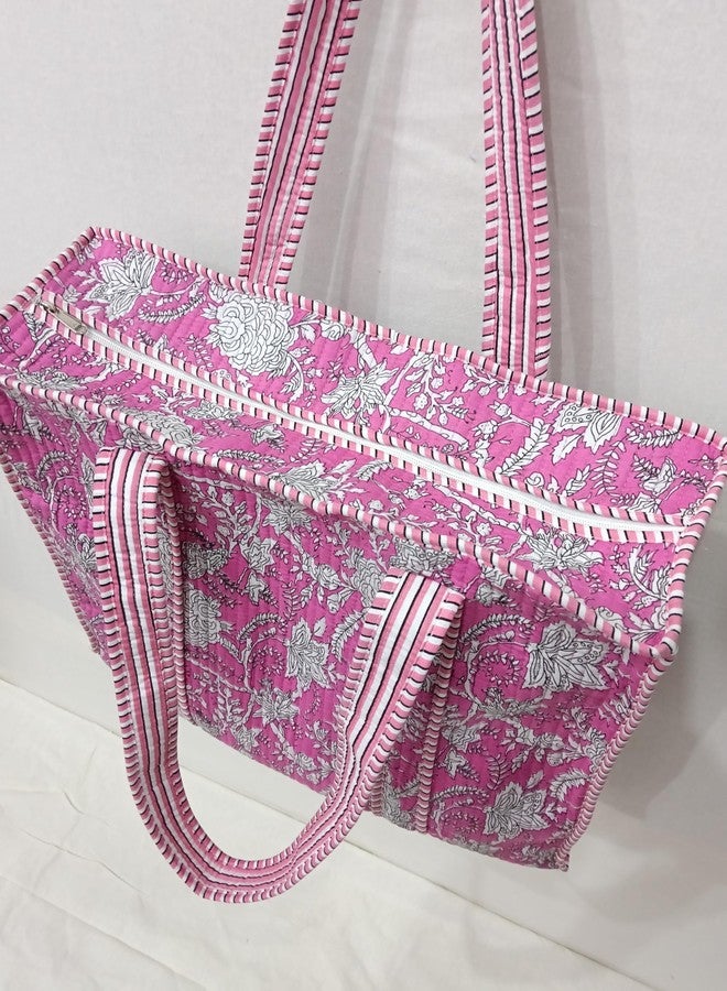 ART WORLD Cotton Printed Tote Bag,Hand Bag Multicolor Quilted Hand Block Floral Printed Women's Carry Bag Shoulder Shopping Tote Bags 18x5.5x16 Inch (Pink 1) - Image 3