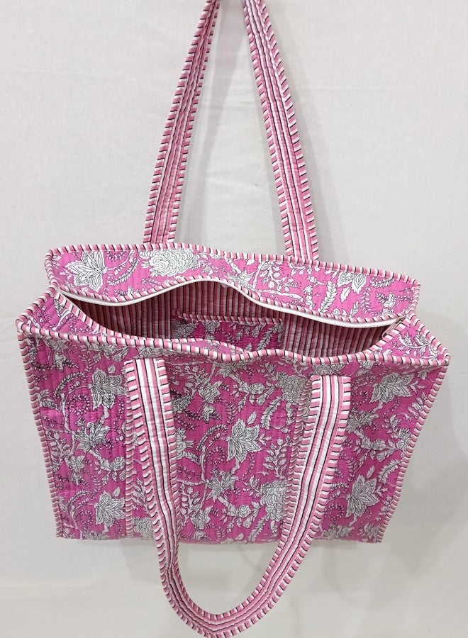 ART WORLD Cotton Printed Tote Bag,Hand Bag Multicolor Quilted Hand Block Floral Printed Women's Carry Bag Shoulder Shopping Tote Bags 18x5.5x16 Inch (Pink 1) - Image 4