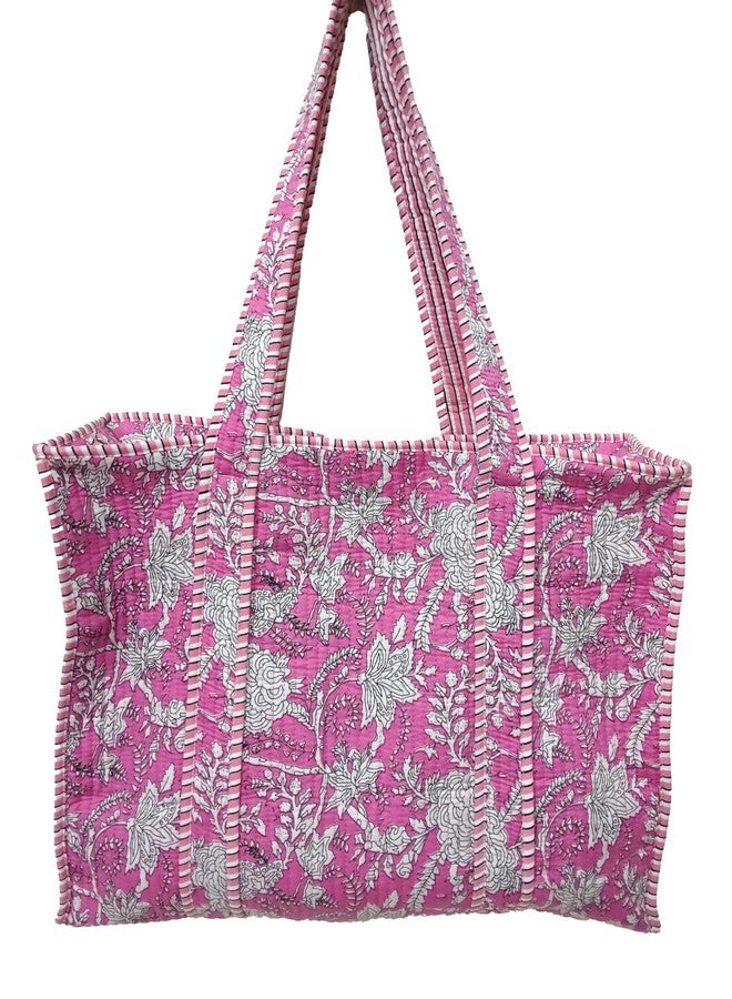 ART WORLD Cotton Printed Tote Bag,Hand Bag Multicolor Quilted Hand Block Floral Printed Women's Carry Bag Shoulder Shopping Tote Bags 18x5.5x16 Inch (Pink 1) - Image 1