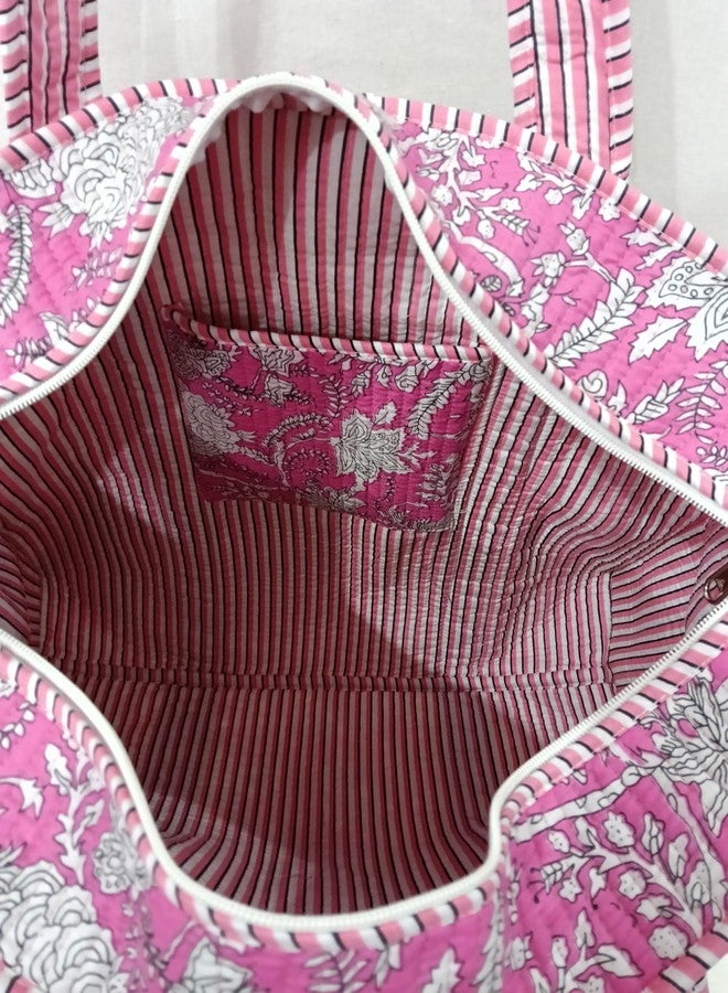 ART WORLD Cotton Printed Tote Bag,Hand Bag Multicolor Quilted Hand Block Floral Printed Women's Carry Bag Shoulder Shopping Tote Bags 18x5.5x16 Inch (Pink 1) - Image 5