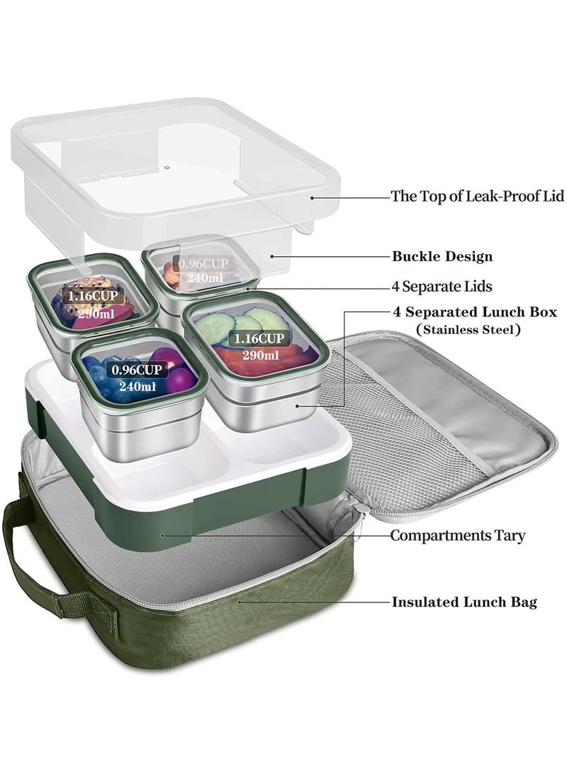 TOMSHOO Stainless Steel Lunch Box for Kids Adults,Insulated Bento Lunch Box with Tableware & Bag,1060ML 4 Compartment Divided Lunch Containers with Lids,Leakproof | BPA Free | Dishwasher Safe （Green） - Image 2