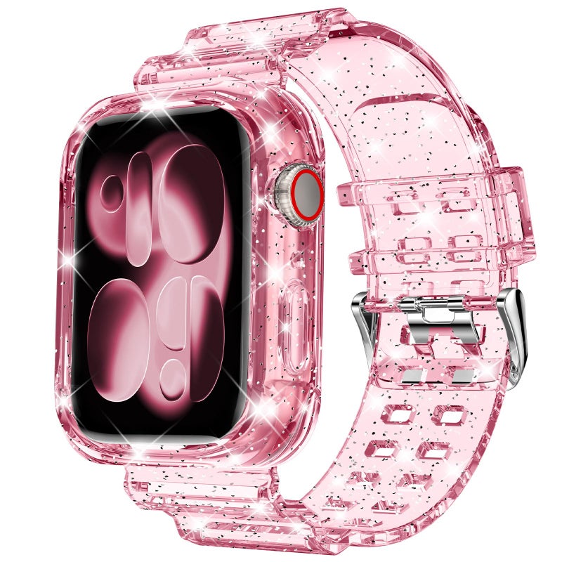 DABAOZA Compatible for Clear Apple Watch Band with Bumper Case 46mm, Women Men Glitter Bling TPU Sport Strap for iWatch SE Ultra 3 2 Series 11 10 9 8 7 6 5 4 3 2 1ï¼ˆGlitterPink,46ï¼‰ - Image 1