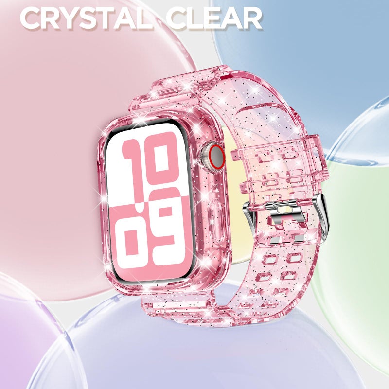 DABAOZA Compatible for Clear Apple Watch Band with Bumper Case 46mm, Women Men Glitter Bling TPU Sport Strap for iWatch SE Ultra 3 2 Series 11 10 9 8 7 6 5 4 3 2 1ï¼ˆGlitterPink,46ï¼‰ - Image 4